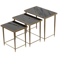 Mid-Century Glass and Brass Nesting Tables-Set of 3 Black and Brass Side Tables
