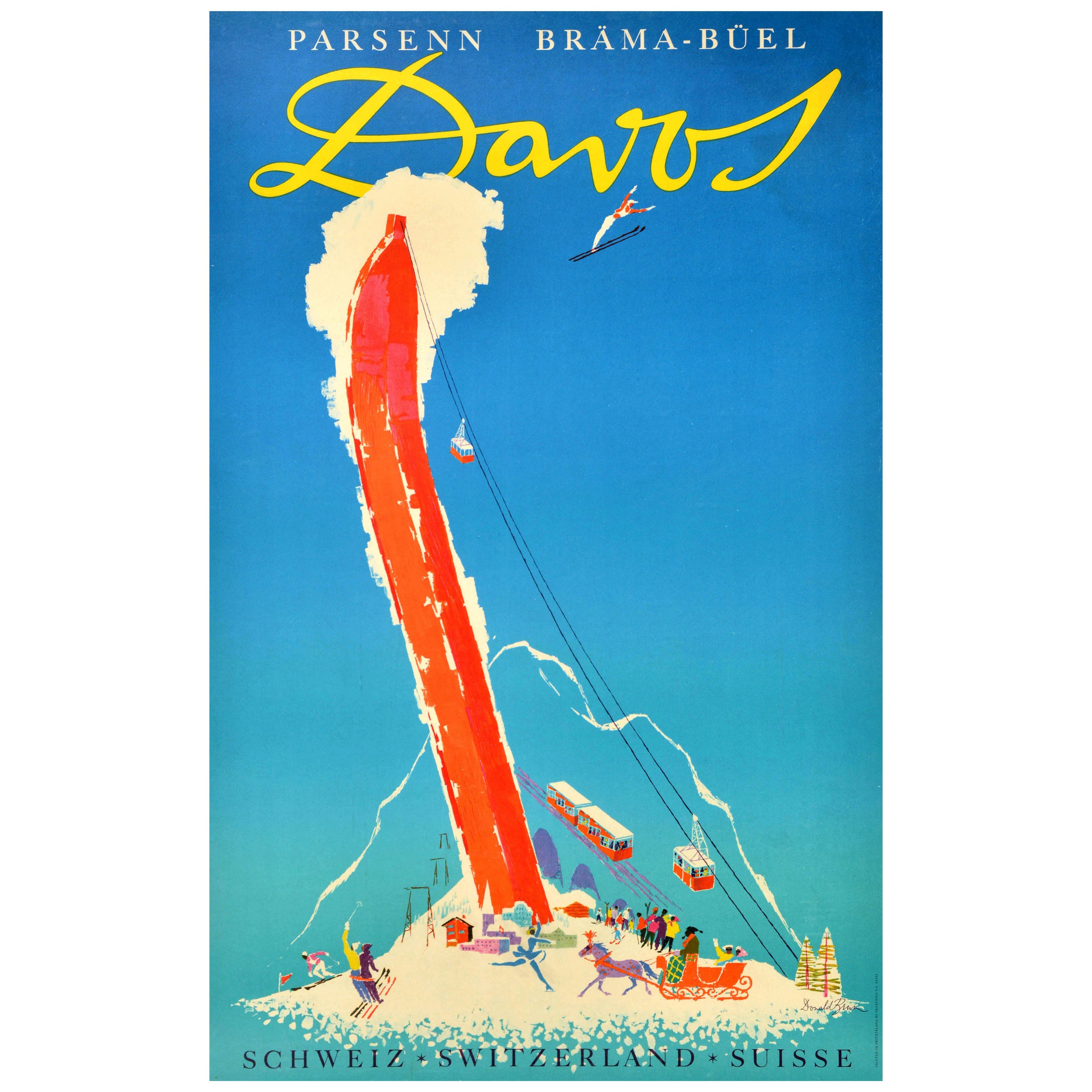 Poster di viaggio originale A. Winter Sport Ski Resort Davos Svizzera Brun