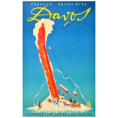 Original Vintage Winter Sport Ski Resort Travel Poster Davos Switzerland Brun