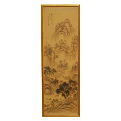 Chinese Mountain Landscape Linen Giltwood Panel