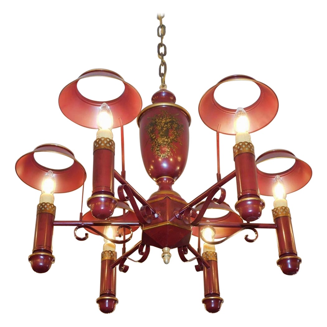 Lámpara de araña italiana de tole rojo y dorado con cestas de frutas decorativas de follaje del s. XX