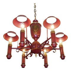 Italian Tole Red & Gilt Decorative Foliage Fruit Basket Shaded Chandelier 20th C