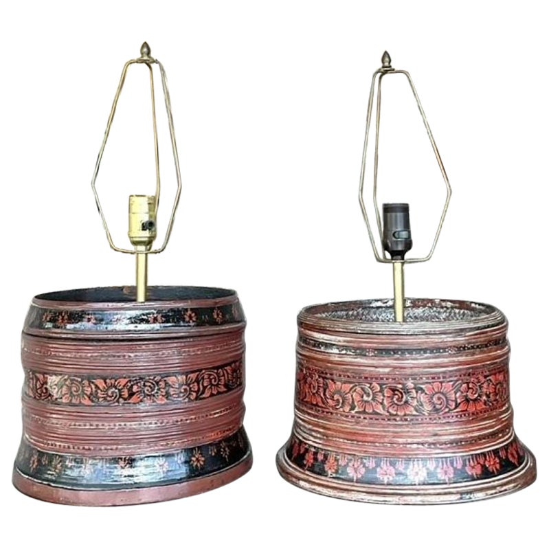Vintage Asian Hand Painted Drum Lamps - Set of 2