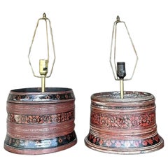 Vintage Asian Hand Painted Drum Lamps - Set of 2