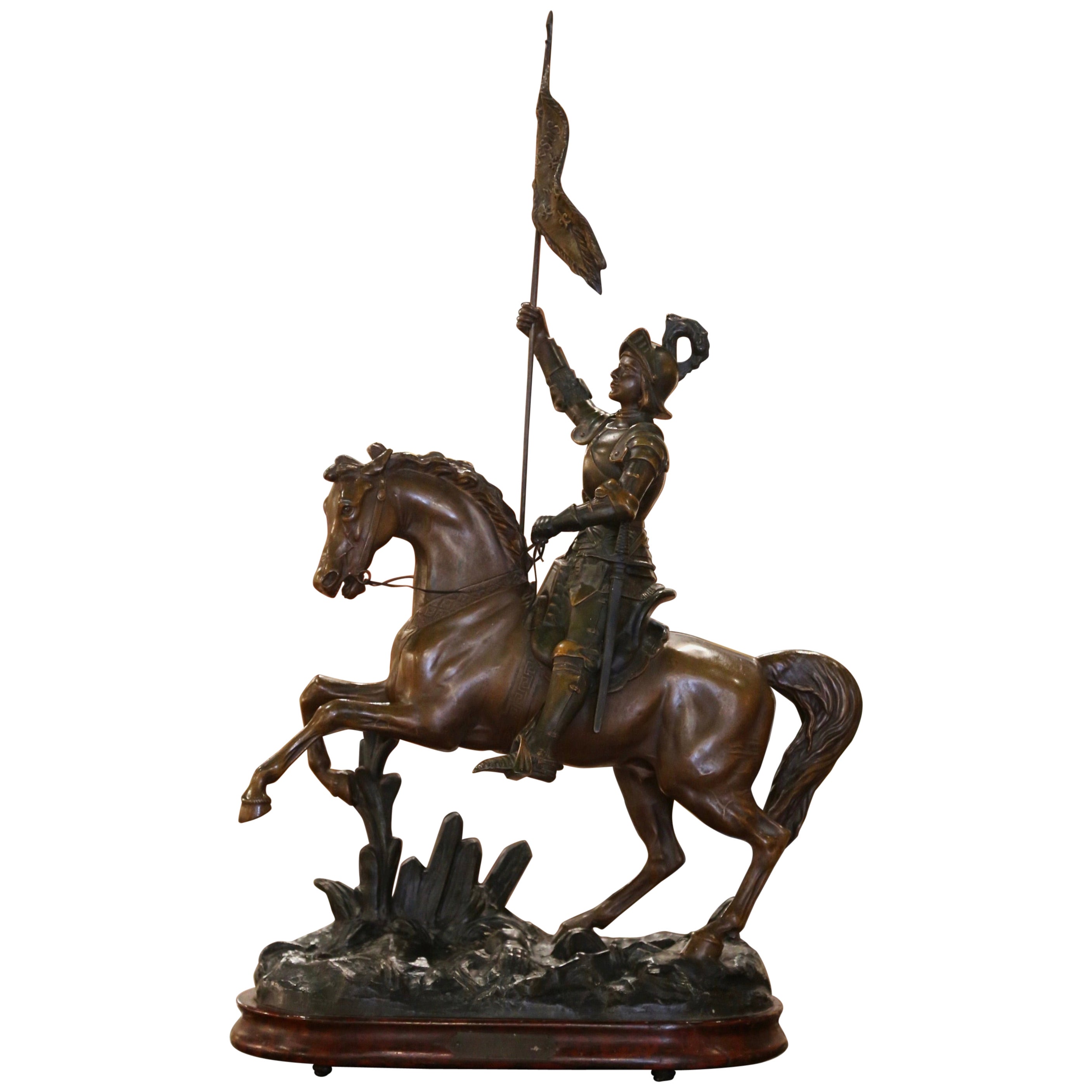 Französische patinierte Zinnstatue-Komposition „Joan des Arc auf Pferd“, 19. Jahrhundert im Angebot