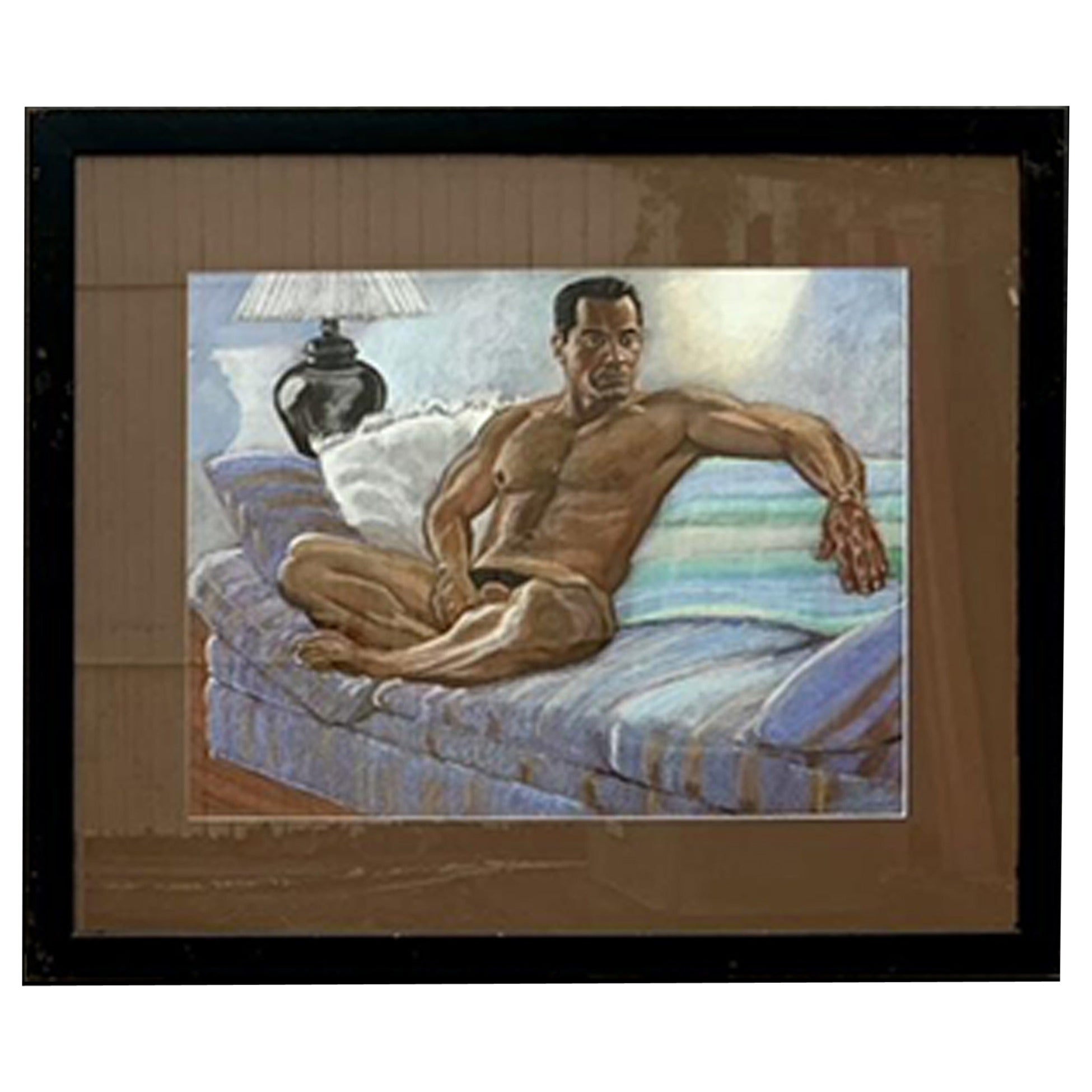 Ritratto originale a pastello su carta di un nudo vintage Boho