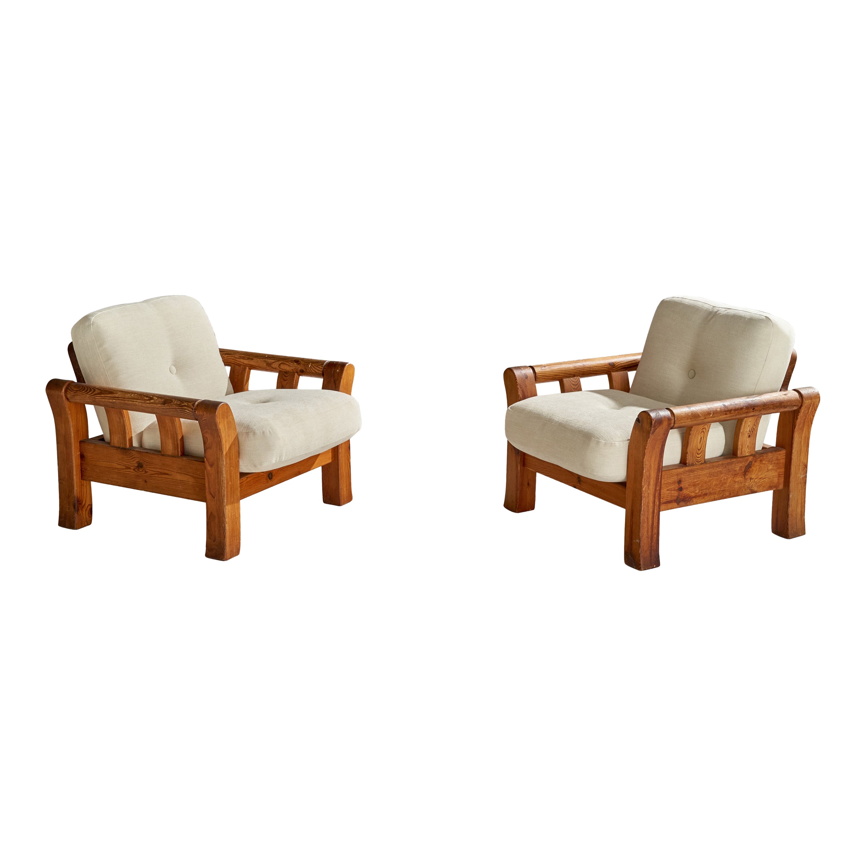 Danish Designer, Lounge Chairs, Pine, Fabric, Denmark, 1970s