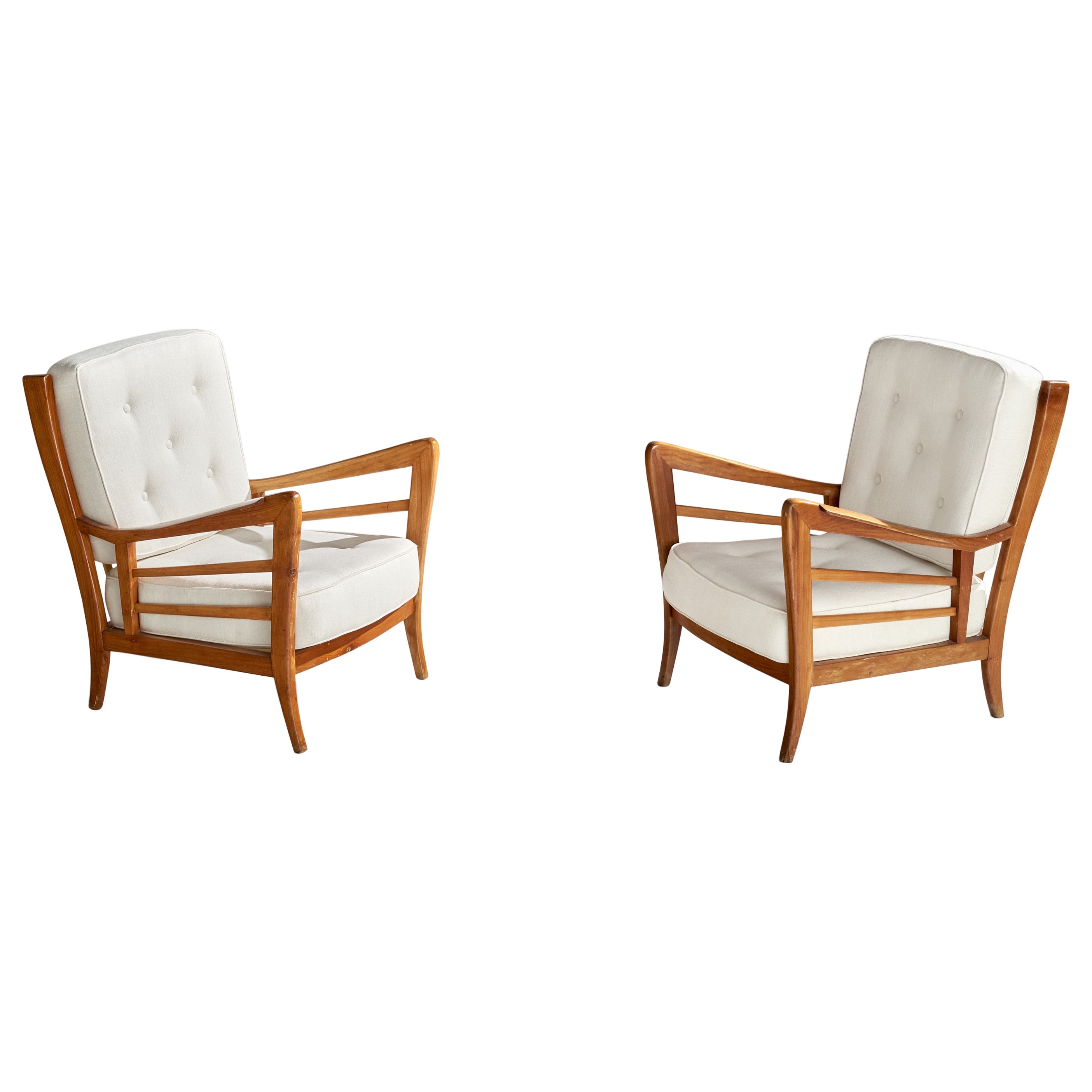 Paulo Buffa Attribution, Lounge Chairs, Walnut, Fabric, Italy, 1940s