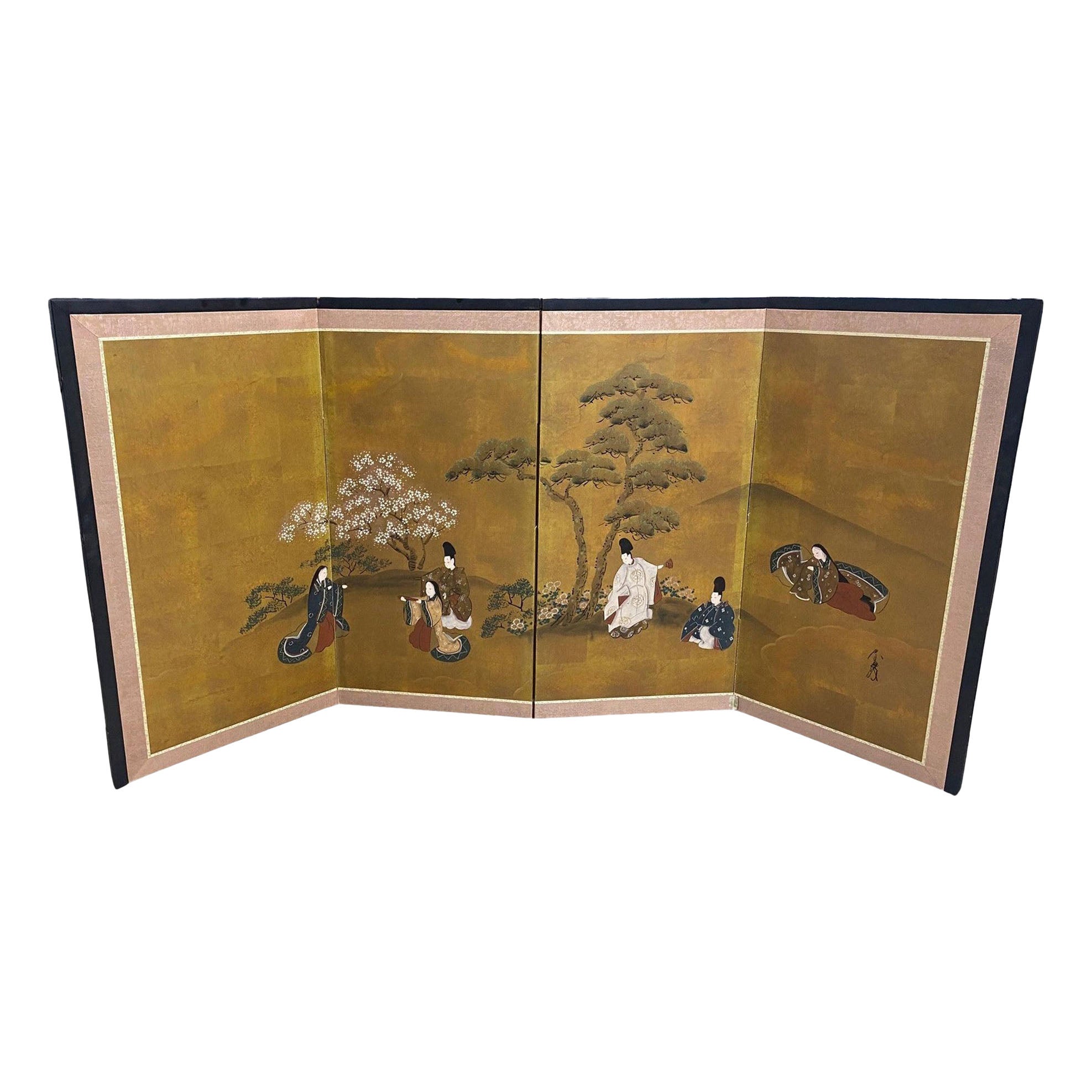 Japanese Asian Signed Four-Panel Folding Byobu Showa Screen Tales of the Genji