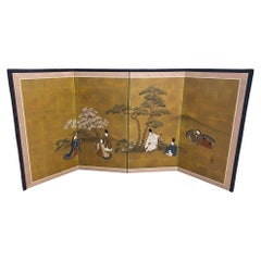 Japanese Asian Signed Four-Panel Folding Byobu Showa Screen Tales of the Genji