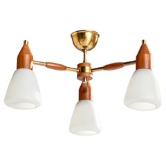 Swedish Designer, Chandelier, Brass, Teak, Glass, Sweden, 1950s