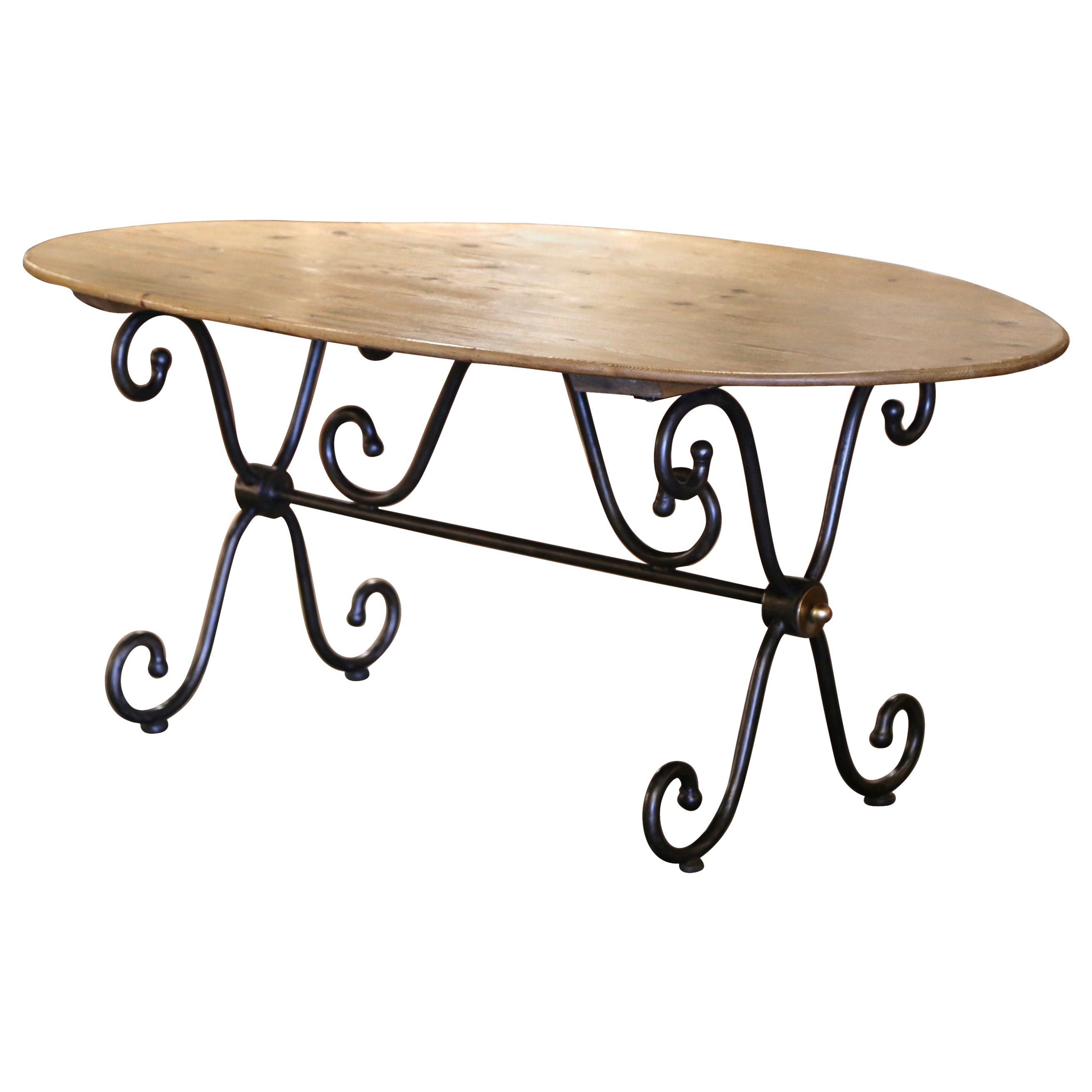 Vintage French Carved Pine Oval Dining Table on Polished Iron Base
