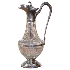 Mid-Century French Crystal and Pewter Wine Carafe with Acanthus Leaf Decor