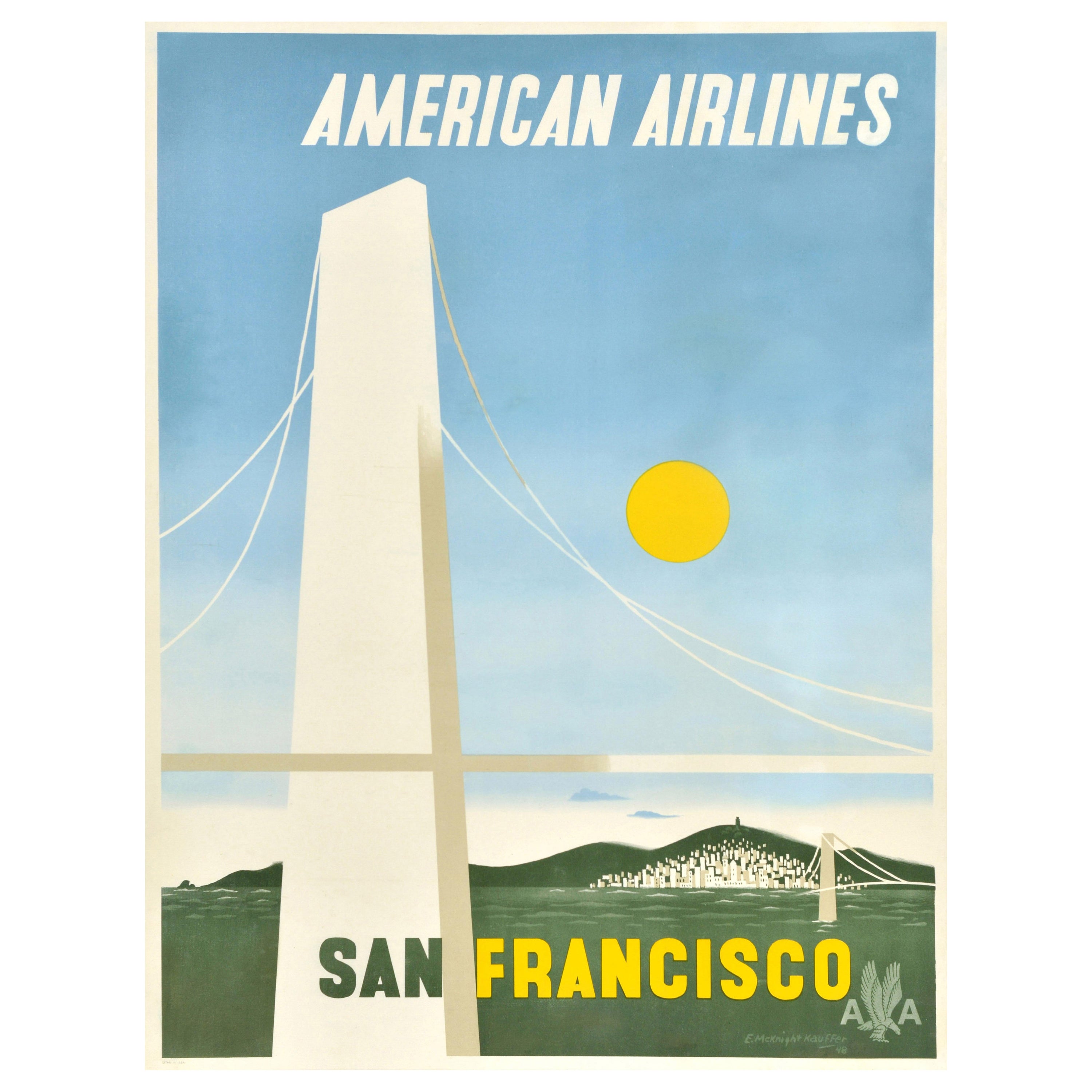 Affiche de voyage originale de San Francisco American Airlines McKnight Kauffer