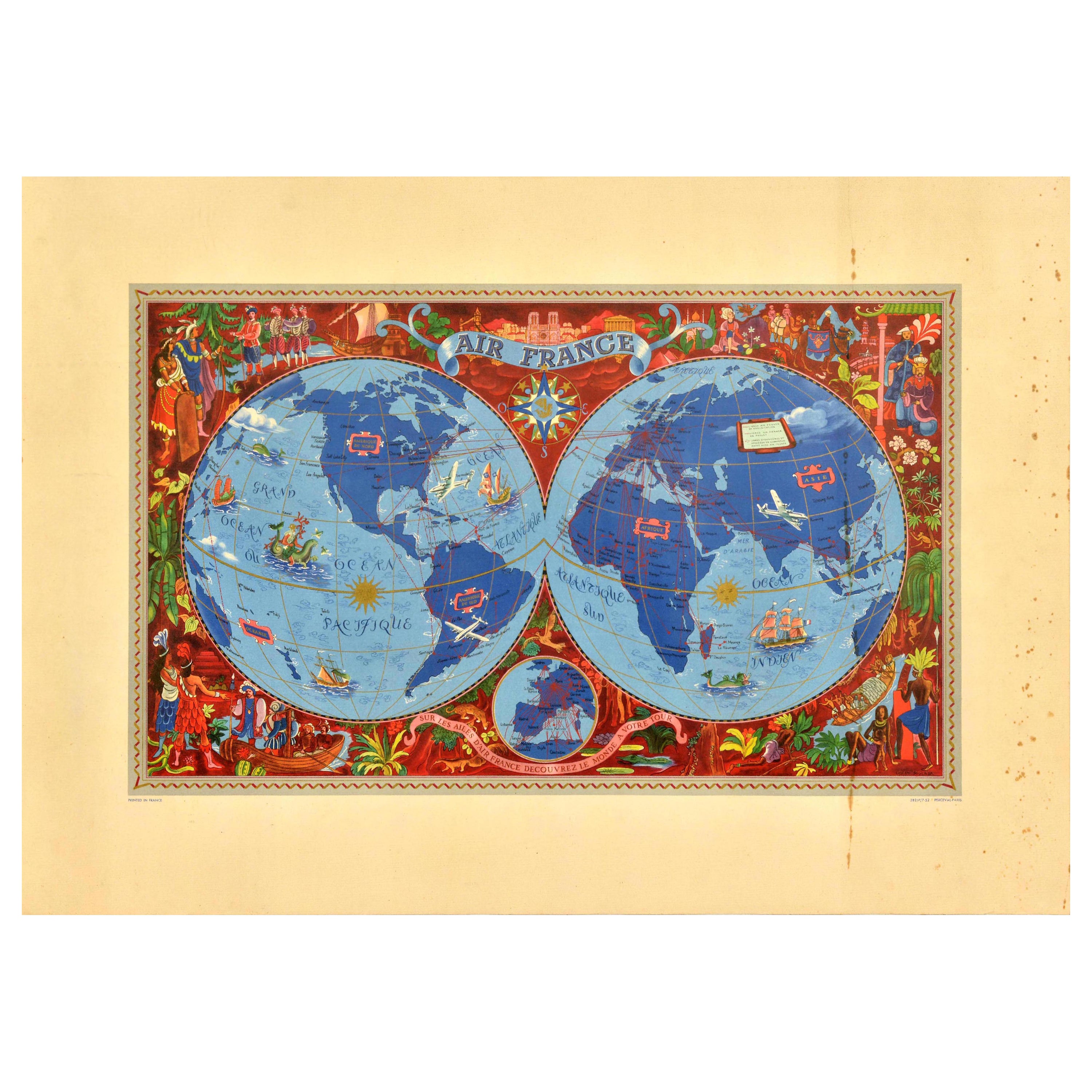 Affiche de voyage originale d'Air France Planisphere Illustrated Map Boucher