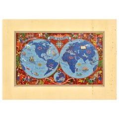 Affiche de voyage originale d'Air France Planisphere Illustrated Map Boucher