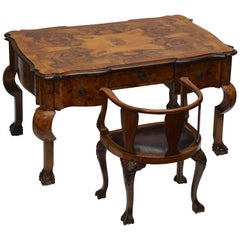 19th Century Burl Walnut Partner's Desk with Armchair