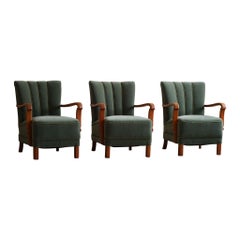 Danish Art Deco, Set of 3 Armchairs in Oak, Reupholstered in Green Mohair, 1930s