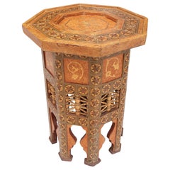 1980s Octagonal Wooden Side Table with Inlaid.