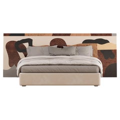 Contemporary Queen Bed Mid-Century Abstract Headboard Pattern Wood Marquetry