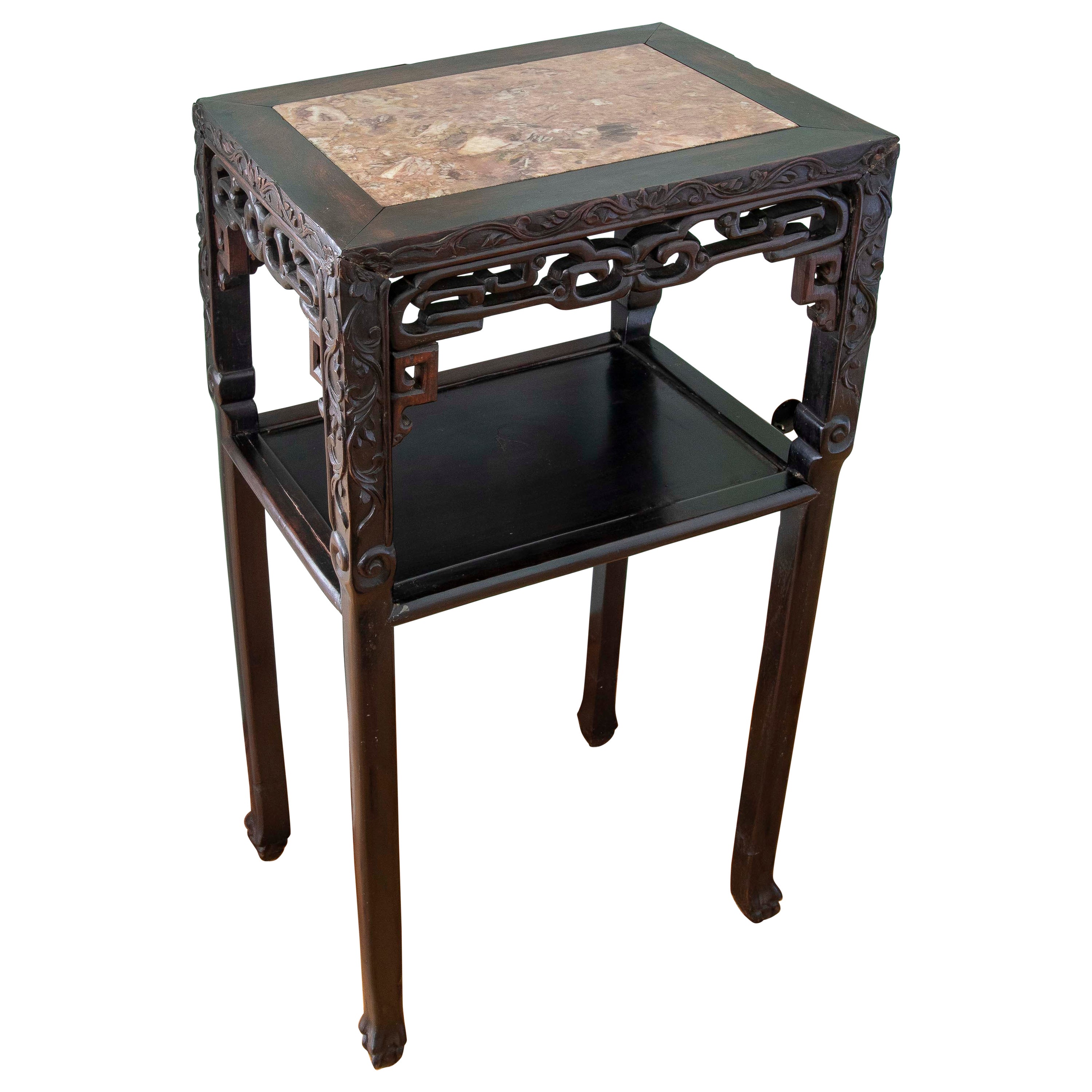 1930s Oriental Mahogany Side Table with Hand-Carved Marble Top