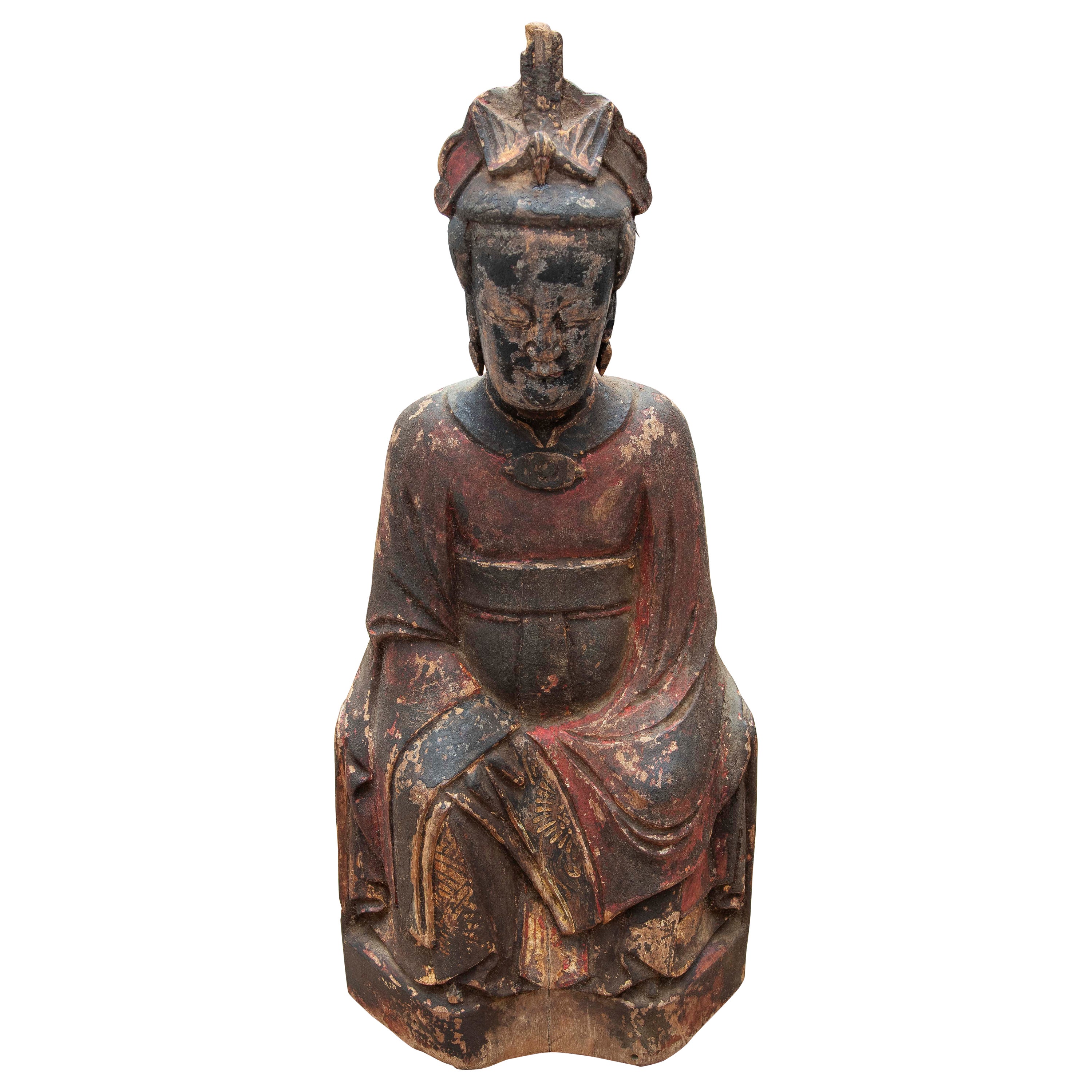 19th Hand Carved Oriental Seated Buddha in Wood with hollow in back