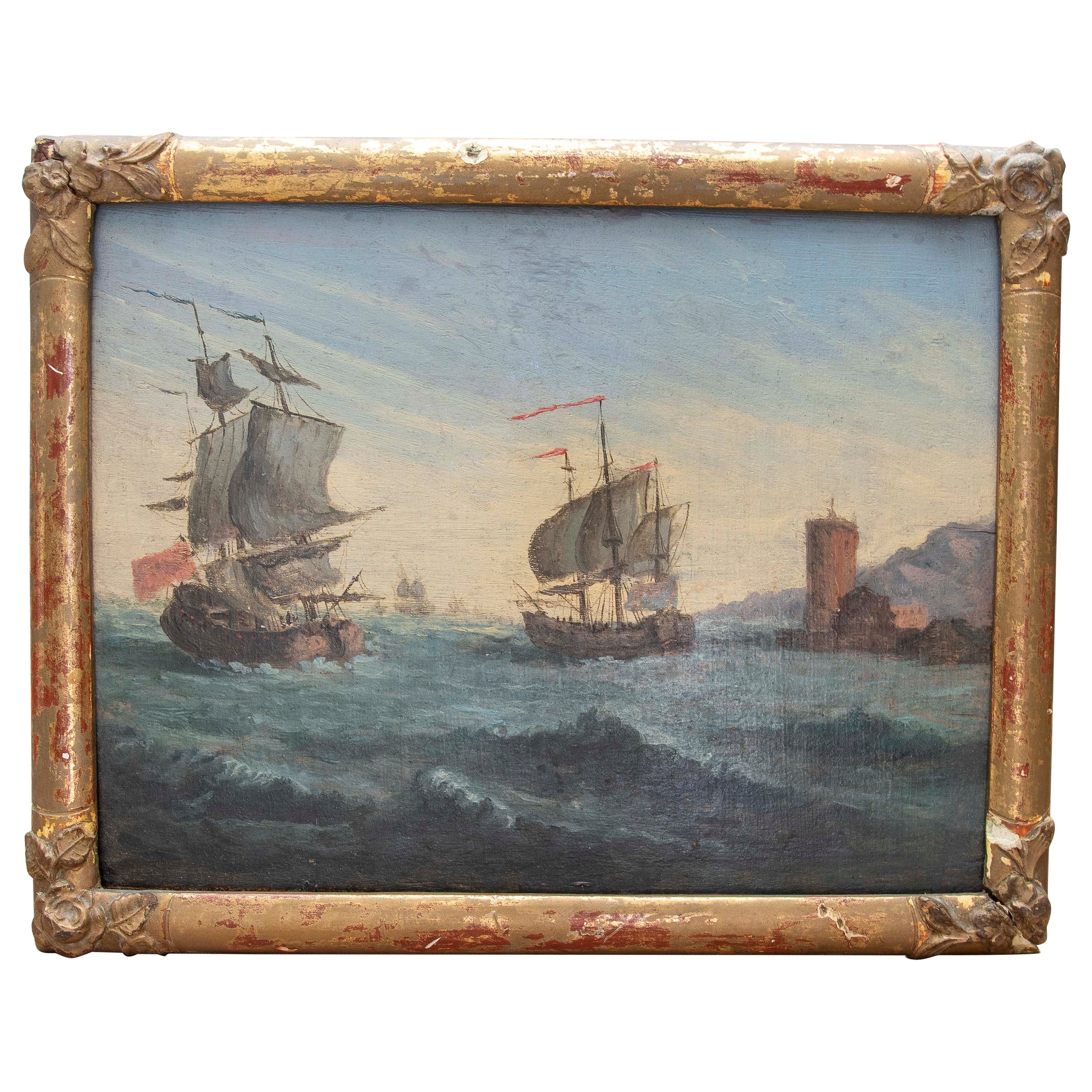 Década de 1850 Pintado sobre tabla Batalla naval , Firmado y enmarcado. Inglaterra. en venta