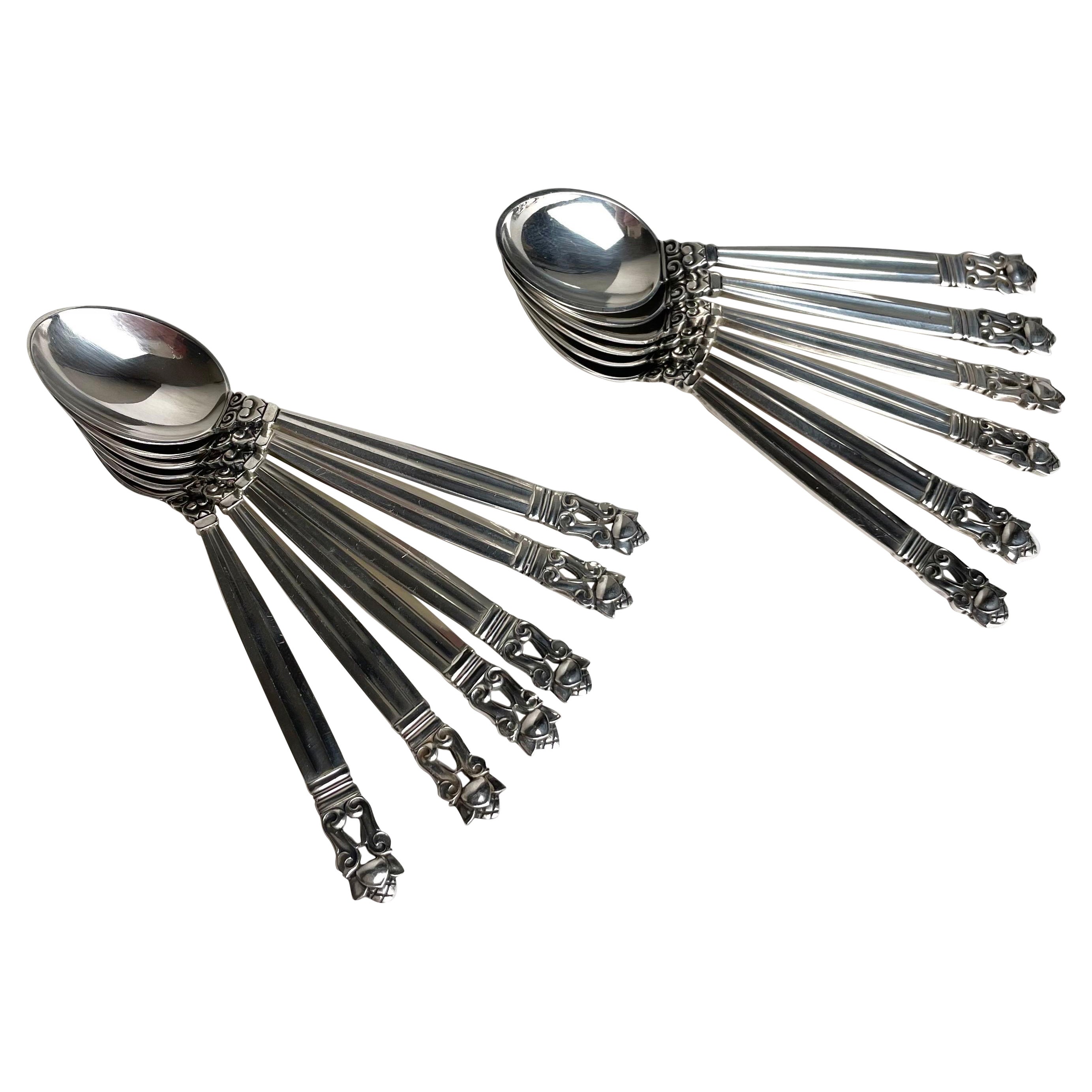 Set of 12 Danish Konge/Acorn Silver Spoons Johan Rohde Georg Jensen