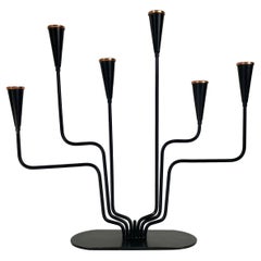 Swedish Mid-Century Six Arm Candlabra, Black-Lacquered Iron, Brass Detail, 1950s