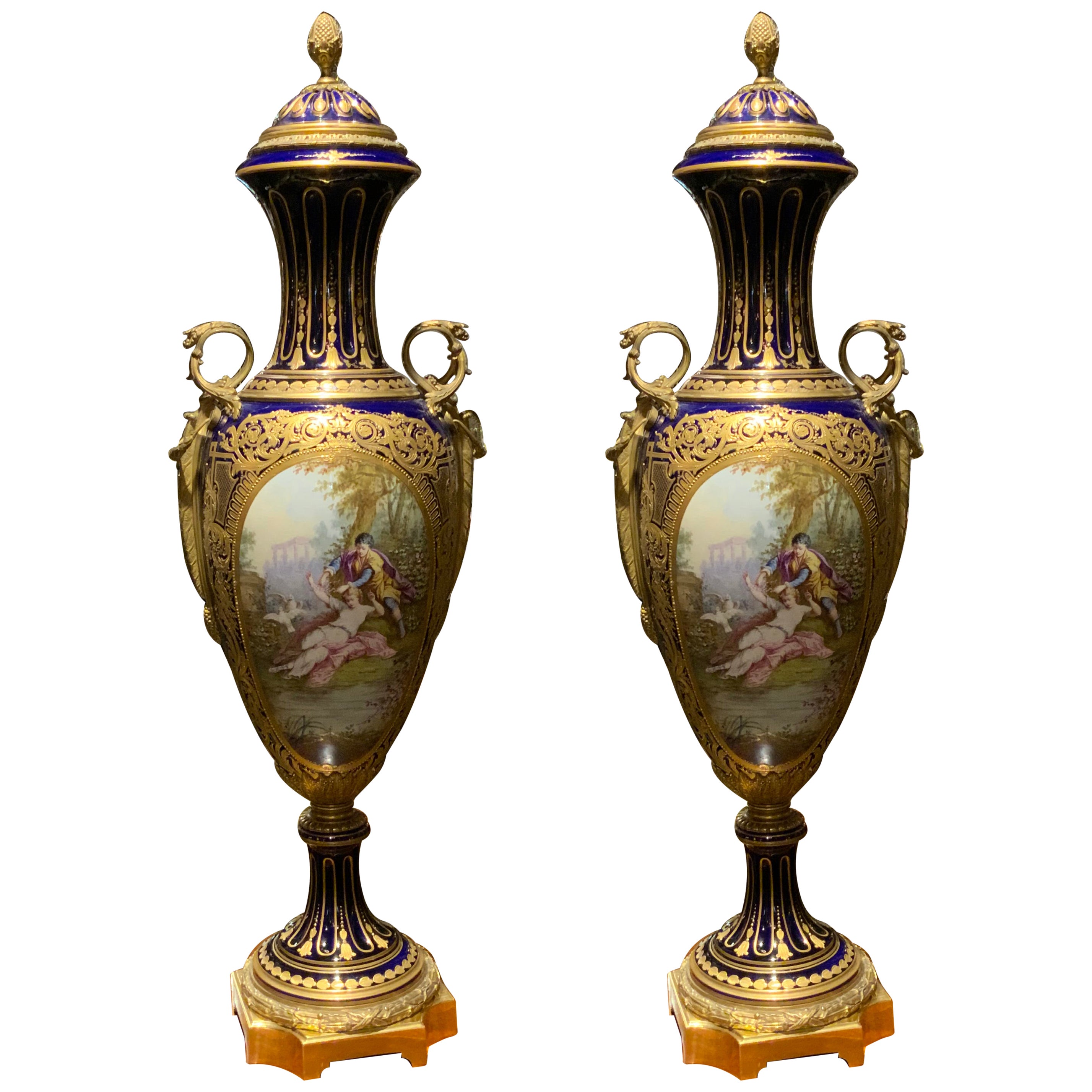 Pair of large Sevres urns, 19 th century cobalt blue