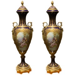 Pair of large Sevres urns, 19 th century cobalt blue