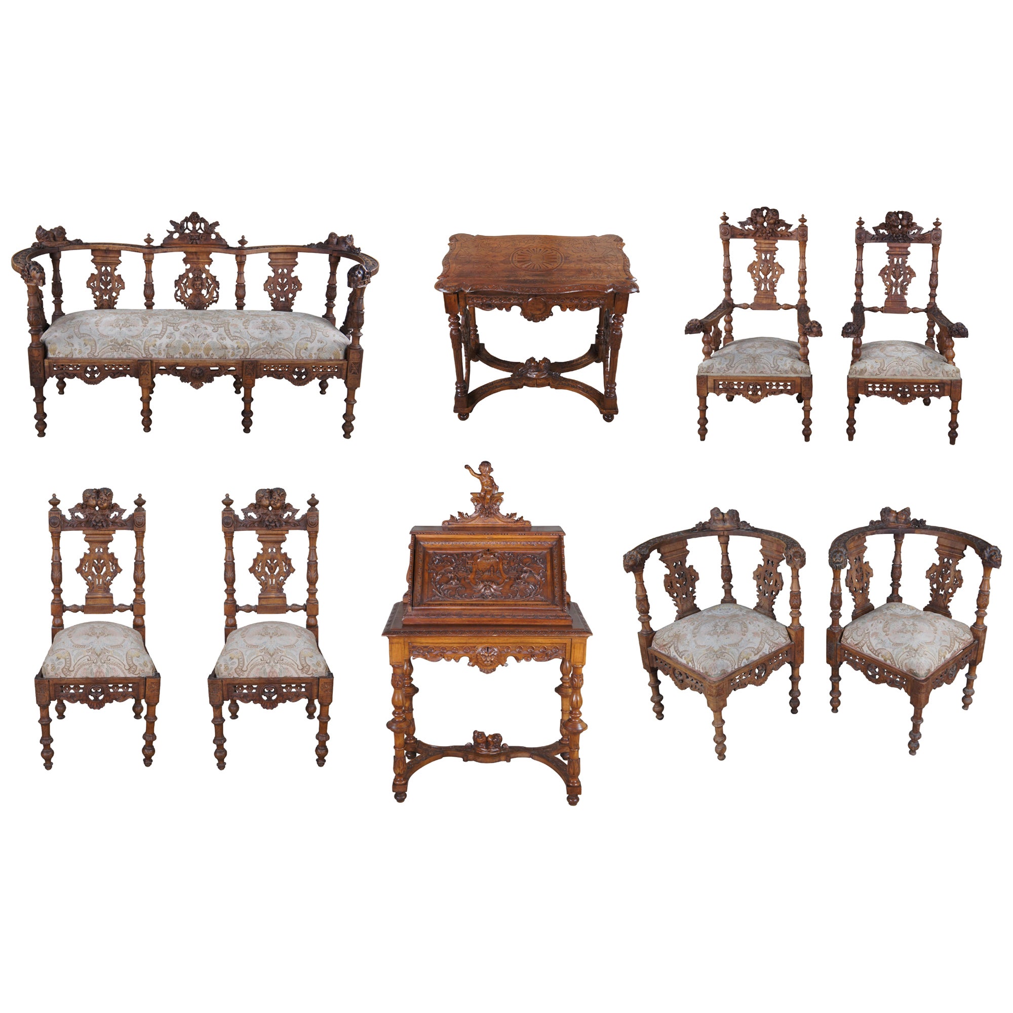 9 Pc Set Antique Italian Renaissance Revival Carved Walnut Chairs Settee Desks For Sale