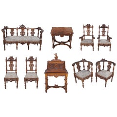 Juego 9 piezas Antiguo Renacimiento Italiano Renacimiento Nogal Tallado Sillas Settee Escritorios