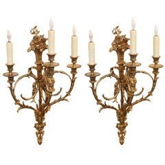 Pair of French Gilt Bronze Three-Light Bronze Sconces, 19th Century