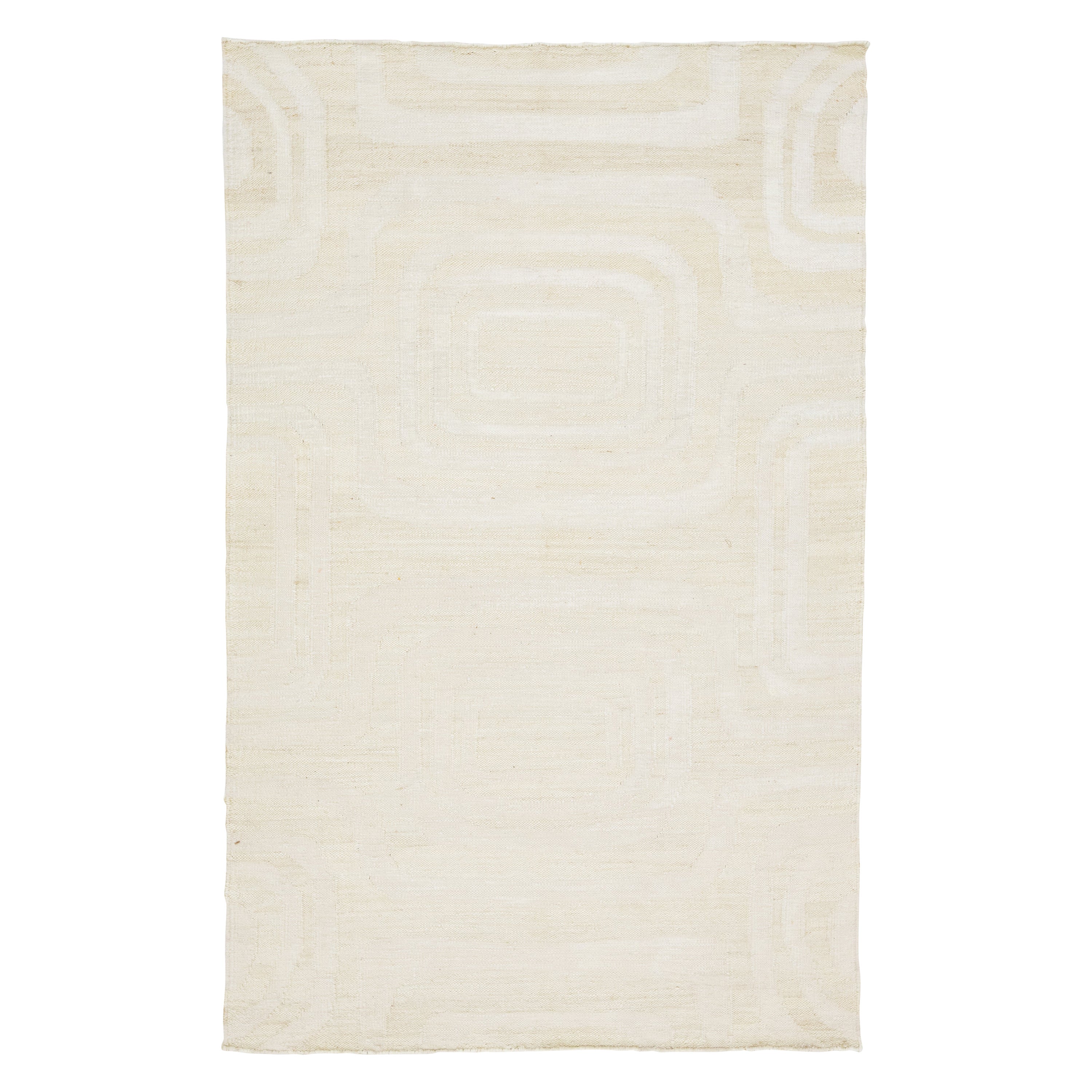 Modern Dhurrie Natural Jute & Wool Rug Handmade In Ivory