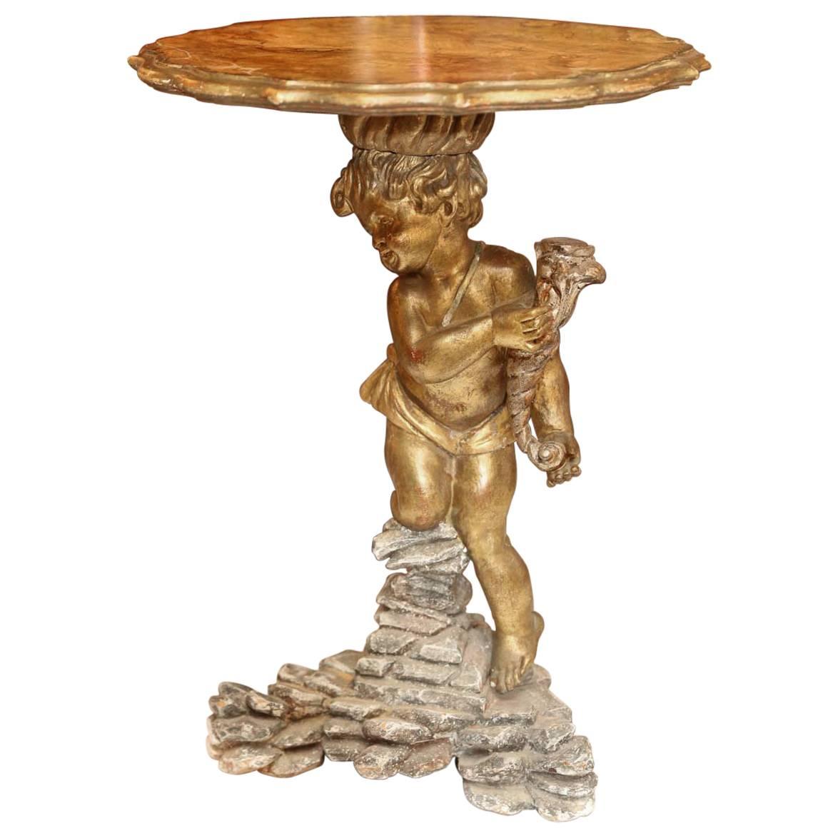 Venetian Giltwood Statue Supporting a Faux Marble Top For Sale
