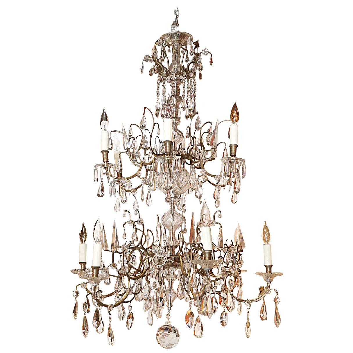 Venetian Bronze and Crystal Chandelier; with two tiers of lights