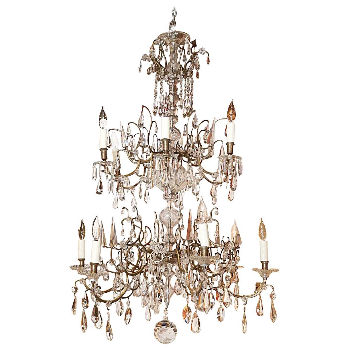  Venetian Bronze and Crystal Chandelier; with two tiers of lights