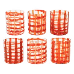 Exclusive Set of 6 Murano Tumblers, Burnt Orange Zanfirico over White, Cenedese