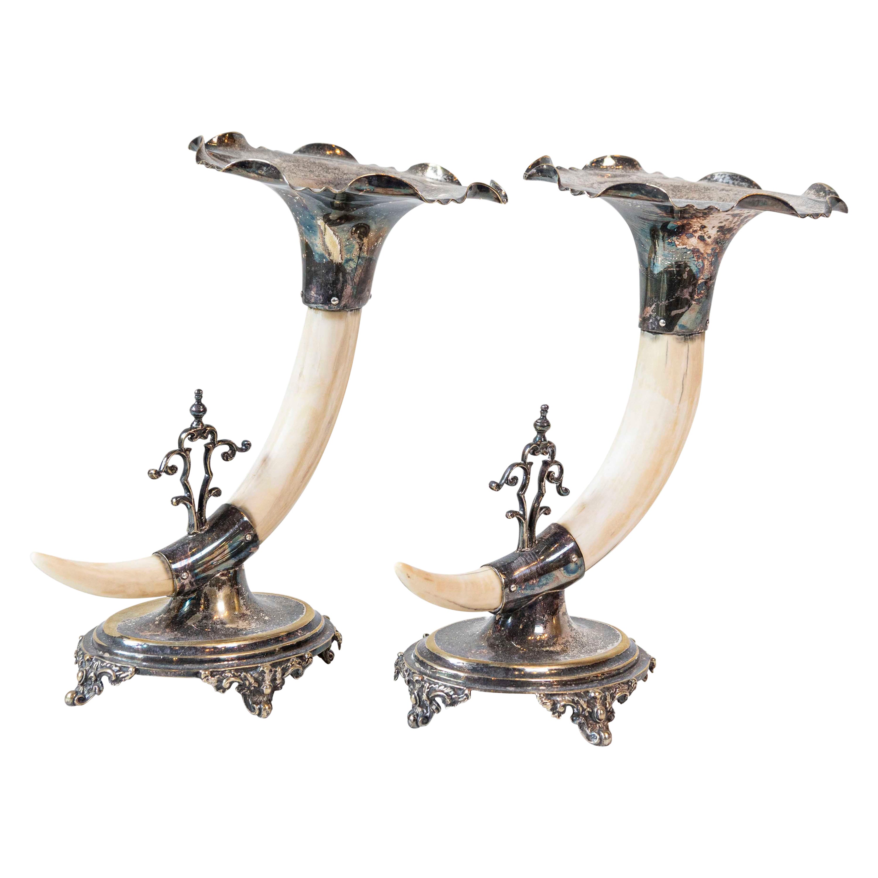 Corna di animali da caccia del XIX secolo di Rodgers & Sons, in stile vittoriano inglese, con montatura in argento