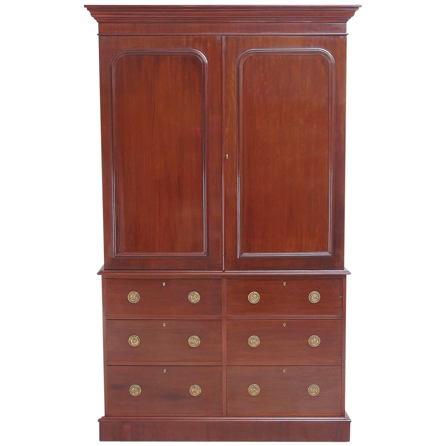 English Victorian Linen Press in Mahogany with Exterior and Interior Drawers For Sale