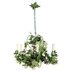 Important 8 Arms Foliage Chandelier in Painted Sheet Metal and Porcelain Flowers