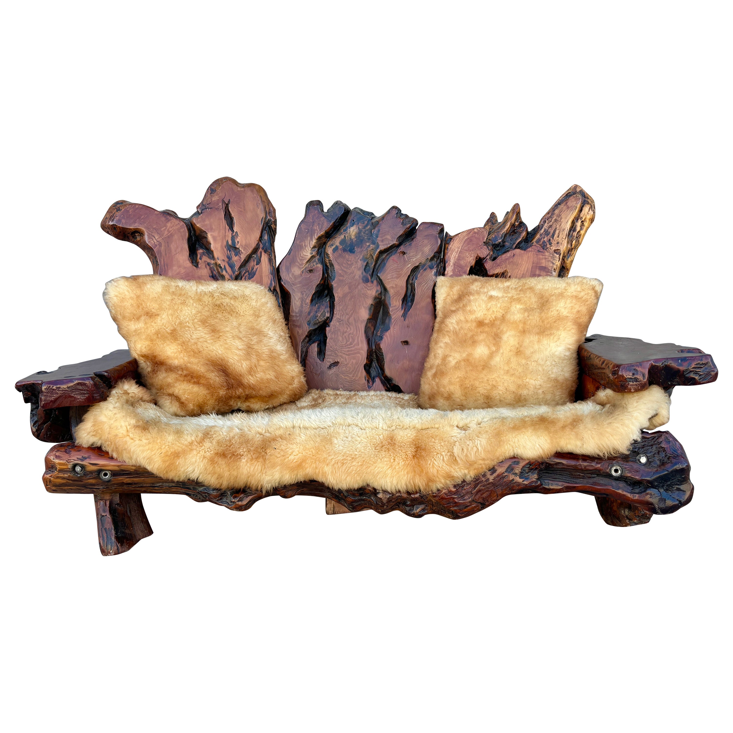 1960s Vintage Handcrafted Burl Redwood Sofa
