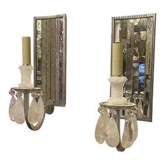 Wonderful Pair Mirror Panel Back Silver Leafed Rock Crystal Wall Sconces