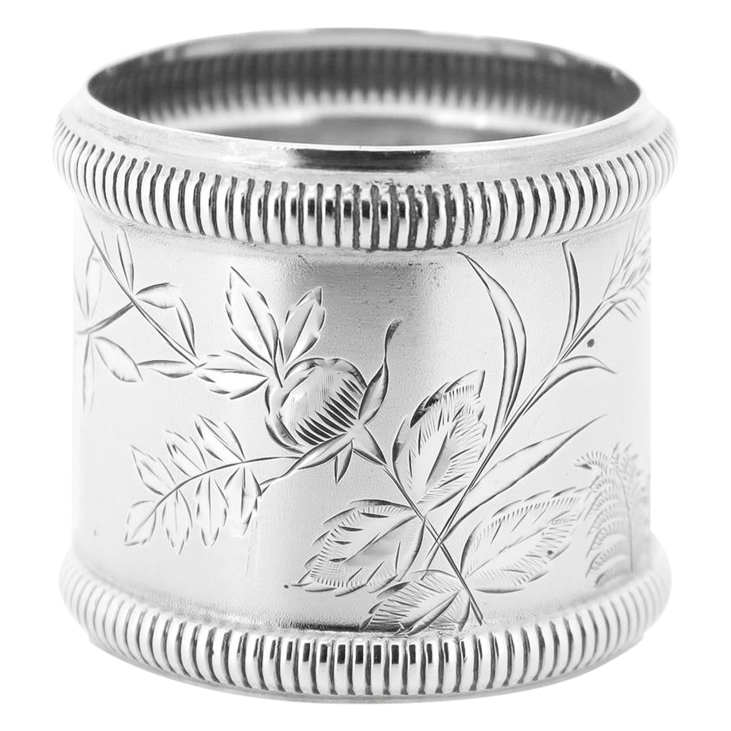 Antique Victorian Sterling Silver Napkin Ring with Ferns, Flowers, & Leaves
