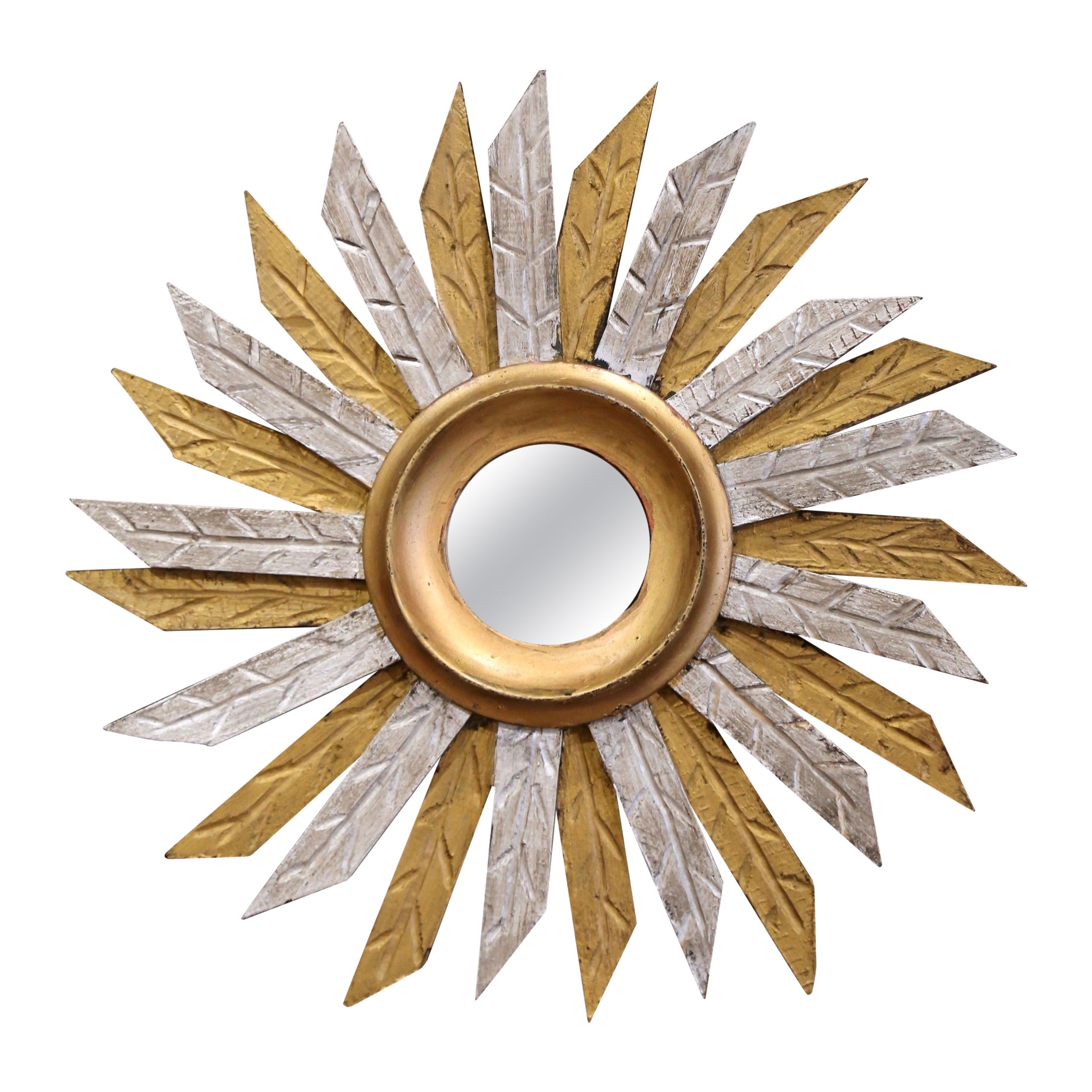 Espejo de Pared Vintage Francés Tallado en Dos Tonos Dorado y Pintado en Plata Sunburst