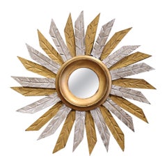 Espejo de Pared Vintage Francés Tallado en Dos Tonos Dorado y Pintado en Plata Sunburst
