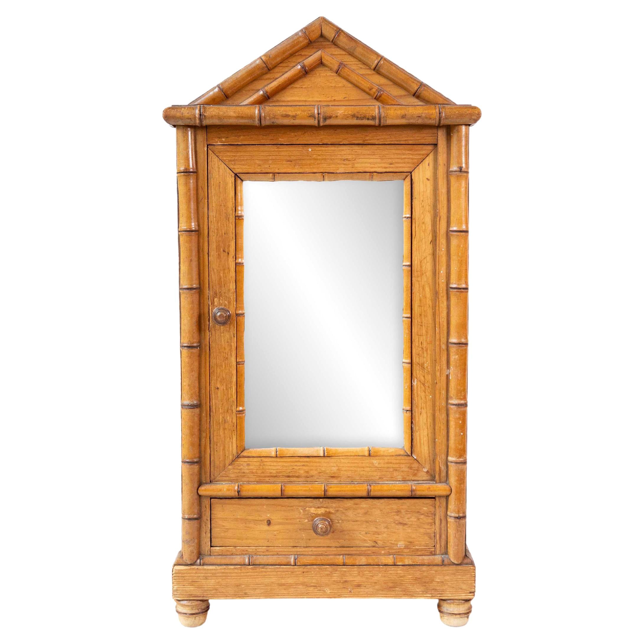 English Pine Bamboo Style Small Vitrine With Mirror For Sale