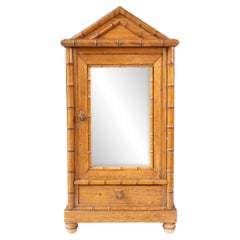 Antique English Pine Bamboo Style Small Vitrine With Mirror