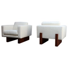 Mid-Century Modern Walnut and Bouclé Cube Lounge Chairs by Harvey Probber